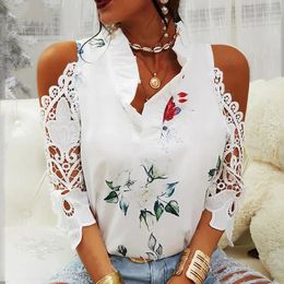 Summer Female Strapless Tops Casual Sexy Hollow Flower Printed Women Blouse Elegant V-Neck Short Sleeve Lace Shirt Blusas