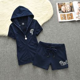 2024 Summer PINK Tracksuit Women's Hooded Zipper Sweatshirt and Shorts Sets With Diamonds Cotton Tracksuit Two Piece Set