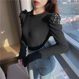 Women's Sweaters Women Sexy Knitted Puff Sleeve Jumpers Woman 2024 Spring Fashion Elegant Tops Cloth Autumn Pearls O-Neck Slim