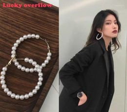 Hoop Huggie Luckyoverflow Trendy 4CM6CM Pearl Earrings Women Exaggerated Large Big Circle Ear Rings Fashion Jewelry15057933