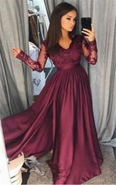Chic Satin Vneck Neckline Long Sleeves Aline Prom Dress With Beaded Lace Appliques Evening Dress Formal Modest Party Gowns5049279