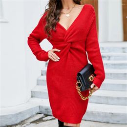 Casual Dresses Sexy Red Sweater Dress Cross Twist Pullover Long Sleeve Knitted Deep-V Open Back Knitwear Trend Women Outfits Streetwear