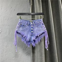 Summer Womens Purple Shorts Fashion Sexy Low Rise Single Breasted Aline Denim With Strap Pants Female 240415