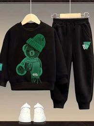 Clothing Sets Spring Childrens Boy Embroidery Sweater Pullover Pants Outfit Baby Kid Girl Cartoon Bear Top And Bottom 2 Pieces Clothes Set T240415