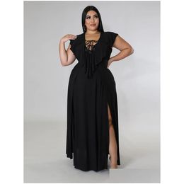 Plus Size Dresses Zz Bohemian Long Womens Costumes Cascading Ruffles Dstring Front Double High Split Vacation Robeplus Drop Delivery A Dhwkt