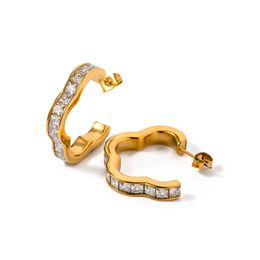 "Elegant Style" Golden 18K Stainless Steel Flower with Diamond C-Shaped Hoop Earrings Pendants- Trendy Fashion Accessory