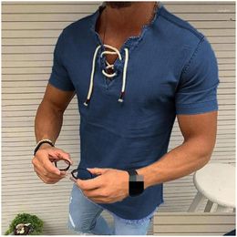 Mens Casual Shirts Simple Thin Section Denim Shirt V Neck Tie Tassel Stretch Blouse Male 2023 Summer Daily Youth Short Sleeve Tops Dro Dh3Ne