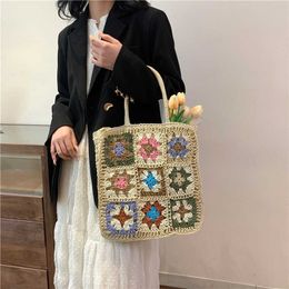 New Bohemian Fashion Multicolor Flower Spliced Grass Woven Bag One Shoulder Handheld Square Sen Series Woven Bag Women's Bag