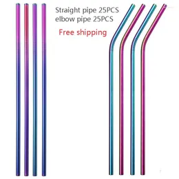 Drinking Straws Reusable Straw 50PCS Stainless Steel Set High Quality Metal Colourful With Cleaner Brush Bar Party Accessory