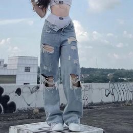 Streetwear Straight Pants Ladies Ripped Jeans Mid Waist Loose Wide Leg Pants Ladies Jeans Y2K Summer High Street Cargo Pants 240412