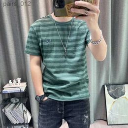 Men's T-Shirts Striped short sleeved T-shirt for mens 2024 summer new ice silk cotton half sleeved T-shirt for mens clothing yq240415