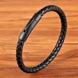 Other Bracelets XQNI New Classic Style Men Leather Bracelet Simple Black Stainless Steel Button Neutral Accessories Hand-woven Jewellery GiftsL240415