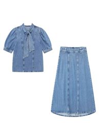 TRAF Summer Women Denim Shirt Bow Knot Half Puff Sleeve TShirt and Retro Skirt Cape Street Fashion Suit 240415