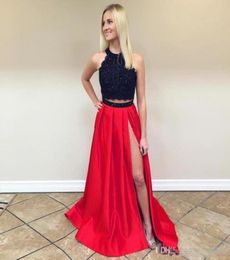 Black Red Two Piece Prom Dresses Jewel Lace Beaded Satin Split Floor Length Keyhole Back Party Dresses Prom Gowns elegant evening 9426460