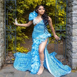 Stunning Blue Sequin Prom Dresses With High Slit Elegant Ruffles Mermaid African Evening Dress 2024 Plus Size Formal Dress Birthday Dance Party Vestidos De Festa