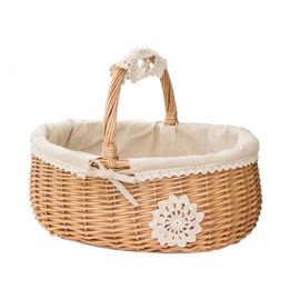 Basket Picnic Wicker With Woven Flower Handle Baskets Storage Easter Hamper Decorative Wedding Rattan Willow Organiser Girl Gift 240415