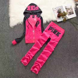 Embroidery PINK Velours Tracksuit 2024 Spring/Fall Women's Sweatshirt and Pants Set Two Piece Set Contrasting Colour Velvet Tracksuit Set
