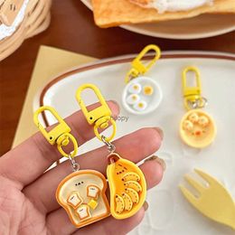 Keychains Lanyards Cute Cartoon Poached Egg Banana Toast Keychain Kawaii Simulation Food Keyring For Girls Backpack Pendant Accessories Party Gifts