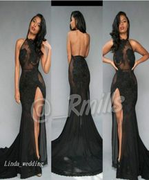 Pretty Open Back Sexy South African Prom Dress Illusion Lace Halter Split Long Banquet Evening Party Gown Custom Made Plus Size1698908