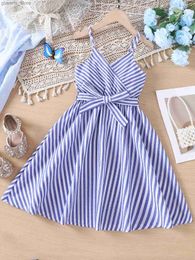 Girl's Dresses Girls Summer New Fashion Street Trendy Stripe Style Dress Beach Holiday Splice Sling Dress Y240415