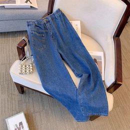 Women's Jeans 60-175KG Denim Pants Women Spring Fall Fashion Solid Colour Elastic Waist Simple Basic Blue Female Casual Straight Trouser