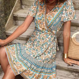 Casual Dresses Woman Dress Women Vacation Vintage Short Wrap Bohemian Elegant Floral Printed Ladies Beach