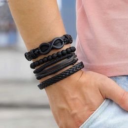 Other Bracelets IFMIA Infinity Black Beads Charm Link Alloy Handmade Woven Men Leather Bracelets Women Vintage Bangle Jewellery Male AccessoriesL240415