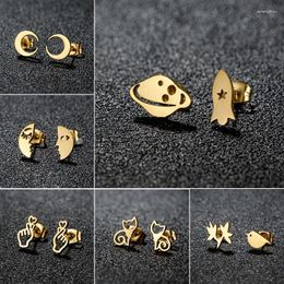 Stud Earrings Stainless Steel Golden Abstract Face Moon Ear Studs Asymmetry Jewelry Rocket Spaceship Earings Girls Exquisite Gift
