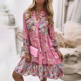 Floral Dress for Women Summer Oversize Elegant Long Sleeve Casual Dresses Female Loose Bohemian Beach Holiday Dresse 240401