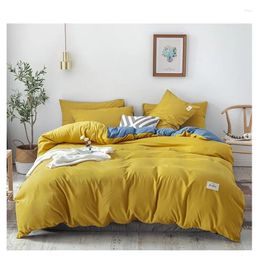 Bedding Sets Simple Solid Luxunry Sanding Washed Cotton Soft 4 Pcs Flat Sheet A/B 1.5m 2.0m Duvet Cover Pillowcase Home Textile