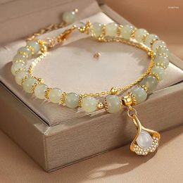 Charm Bracelets Golden Colour Ginkgo Biloba Leaves Imitation An Jade Pendant Bracelet For Women Girls Creative Handmade Beaded