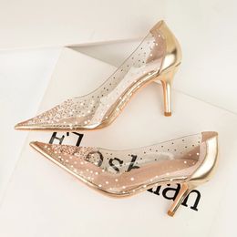 Fashion Gold Rhinestone PVC Transparent Women Pumps Spring Autumn Stiletto High Heels Sexy Party Wedding Shoes 240402