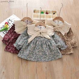 Girl's Dresses Autumn And Winter Girls Dress New Countryside Fragmented Flower Bow Lace Lapel Sweet Long Sleeve Forest Style Wear Y240415Y240417SKXL