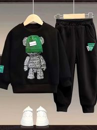 Clothing Sets Spring Children Girl Boy Cartoon Bear Sweater Pants Clothes Top Baby Kid Knit Hat Pullover Top And Bottom 2pcs Outfit Tracksuit T240415