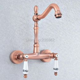 Bathroom Sink Faucets Antique Red Copper Brass Wall Mounted Kitchen Faucet Swivel Spout Mixer Tap Double Ceramic Handles Levers Lsf904