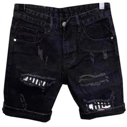 Mens Hole Patch Korean Slim Jeans Short Pants Shorts Feet Black Denim for Men Cowboy Teenager Designer 240412