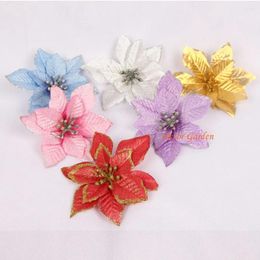 Decorative Flowers 13CM INCHES Artificial Silk Christmas Poinsettia Gold Glitter Print Flower Heads Home Festival Decor