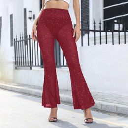 Women's Pants Mesh Trousers Elastic High Waist Transparent Flared With Rhinestoned Plus Size Casual Work