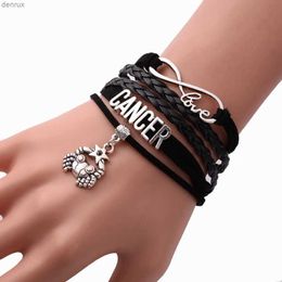 Other Bracelets 12 Constellation Zodiac Sign Black Braided Leather Bracelet Cancer Leo Virgo Libra Woven Jewellery Punk Men Pendant Bracelet 2022L240415