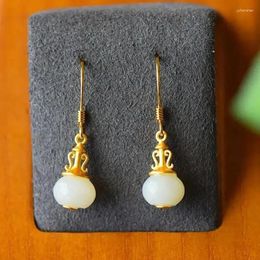 Dangle Earrings Original Design Inlaid Natural Hetian White Jade Geometric For Women Chinese Court Style Charm Women's Silver Jewelry