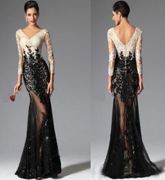 2019 Sexy High Quality Evening Gowns Sleeves Long Prom Gowns Formal Mermaid Sheath V Neck Ivory White Champagne and Black Lace See1891651