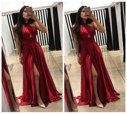 Halter Dark Red ALine Prom Dresses 2018 Cheap Evening Gowns Slit Vestidos De Fiesta Party Wear6101674