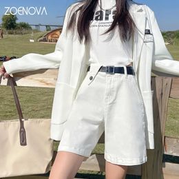 ZOENOVA Stretch Women Five Point Wide Shorts Jeans Belt Solid High Loose Streetwear Denim Y2K Clothing Black Coffee Ladies 240415