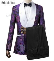 Gwenhwyfar Custom Made Groom Tuxedos Slim Fit Purple Floral Printed Men Suit Set For Wedding Prom Mens Suits 2Pcs JacketBlack Pa1033946