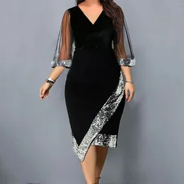 Casual Dresses Women's Dress Sequin Mesh Long Sleeve Asymmetrical Hem Formal Occasion Elegant Slim Fit V-Neck Luxury Summer Skinny 2024