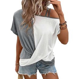 Dokotoo T Shirts Twist Knot Colour Block Loose Fit Cold Shoulder Tops for Women Fashion 2024