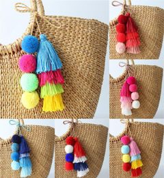 1 Pc Handmade Pom Pom Colorful 4 Layered Tassel Keychain Bag charms Gradient Colors Key Holder Boho Jewelry Gift for women3916876