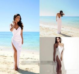 Sexy Deep V Neck Beach Wedding Dresses Spaghetti Straps Side Split Bridal Gowns White Chiffon Open Back Sheath Column Summer Cheap4866432