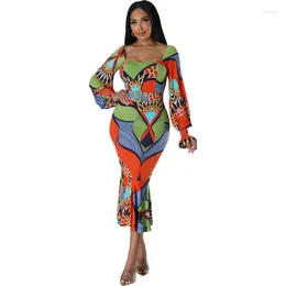 Casual Dresses Slim Hip Wrap Printed Midi Dress Spring Summer Ladies Clothes Fashion Women's Long Sleeved Vestido Sexy Robes