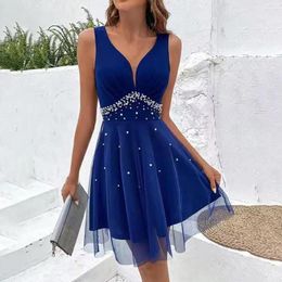 Casual Dresses Elegant V-neck Dress Soft Fabric V Neck Pearl Embellished A-line Evening With Double-layer Mesh For Summer